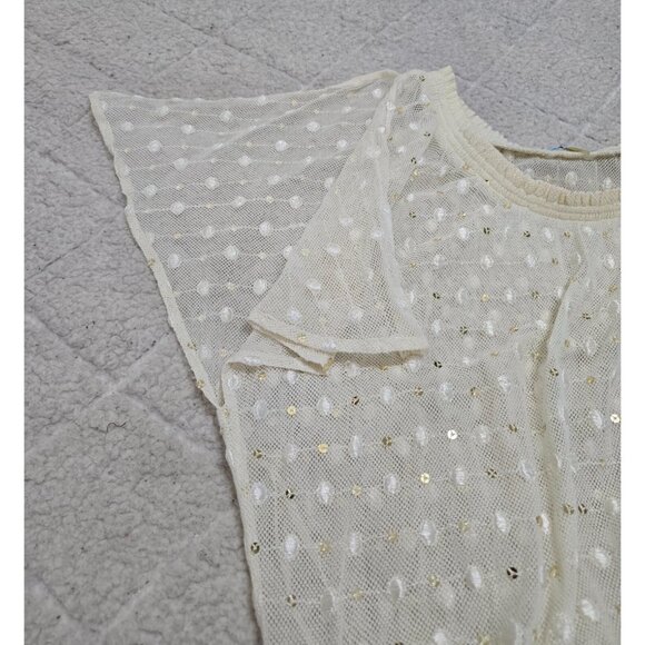 Leifnotes Womens Ivory Sheer Lace Dress Smocked‎ Waist Sequins Dot Size 2 - Picture 6 of 14